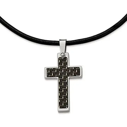 Solid Stainless Steel Mens Black Carbon Fiber Inlay Cross Leather Cord Pendant Necklace Charm Chain Solid Stainless Steel Mens Black Carbon Fiber Inlay Cross Leather Cord Pendant Necklace Charm Chain