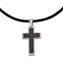 Solid Stainless Steel Mens Black Carbon Fiber Inlay Cross Leather Cord Pendant Necklace Charm Chain