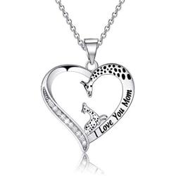 BEKECH Mom and Baby Giraffe Necklace I Love You Mom Heart Pendant Necklace Mother Daughter Jewelry Necklace for Mom Mom Birthday Gift