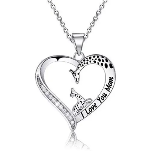 BEKECH Mom and Baby Giraffe Necklace I Love You Mom Heart Pendant Necklace Mother Daughter Jewelry Necklace for Mom Mom Birthday Gift
