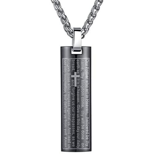 Aoiy Mens Stainless Steel Our Father Lords Prayer and Cross Pendant Necklace, 24'' Chain