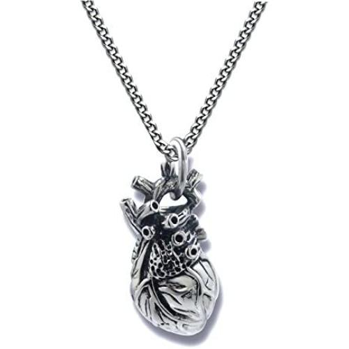 Pearlina Anatomical Heart Necklace Man or Woman 3D Pendant Oxidized Antique-Finish Stainless Steel, 24''