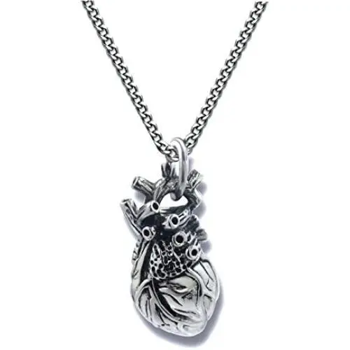 Pearlina Anatomical Heart Necklace Man or Woman 3D Pendant Oxidized Antique-Finish Stainless Steel, 24''