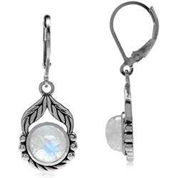 Silvershake Natural Moonstone 925 Sterling Silver Leaf and Rope Leverback Dangle Earrings