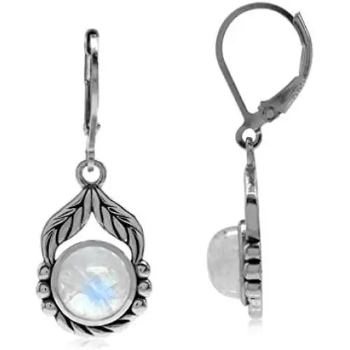 Silvershake Natural Moonstone 925 Sterling Silver Leaf and Rope Leverback Dangle Earrings Silvershake Natural Moonstone 925 Sterling Silver Leaf and Rope Leverback Dangle Earrings