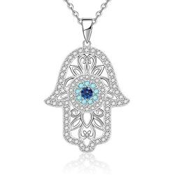 925 Sterling Silver Hamsa Hand Necklace with White Gold Plated Good Luck Vintage Fatima Hand Pendant Charm Cute Sparkling Zirconia Jewelry Gift for Women Girls