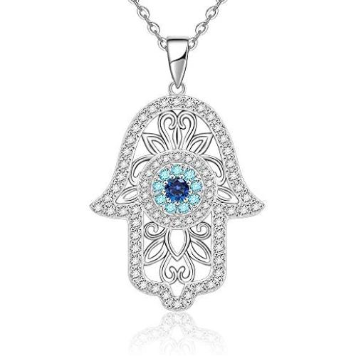 925 Sterling Silver Hamsa Hand Necklace with White Gold Plated Good Luck Vintage Fatima Hand Pendant Charm Cute Sparkling Zirconia Jewelry Gift for Women Girls