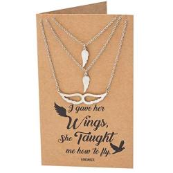 Quan Jewelry Angel Wing Necklace, Set of 3 Pendant Necklaces, Gifts for Mother Daughter Sister with Inspirational Quote Card - 100% Handmade