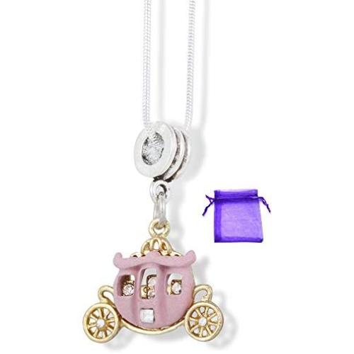 Carriage Cinderella Pink with Gold Wheels Charm Snake Chain Necklace
