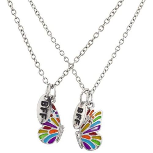 Lux Accessories Silver Tone Enamel Butterfly BFF Best Friends Necklace Set