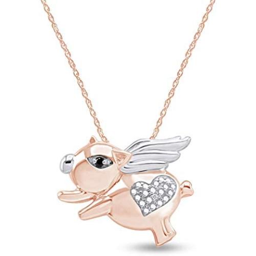 Jewel Zone US Black and White Natural Diamond Flying Pig Pendant Necklace 14k Gold Over Sterling Silver
