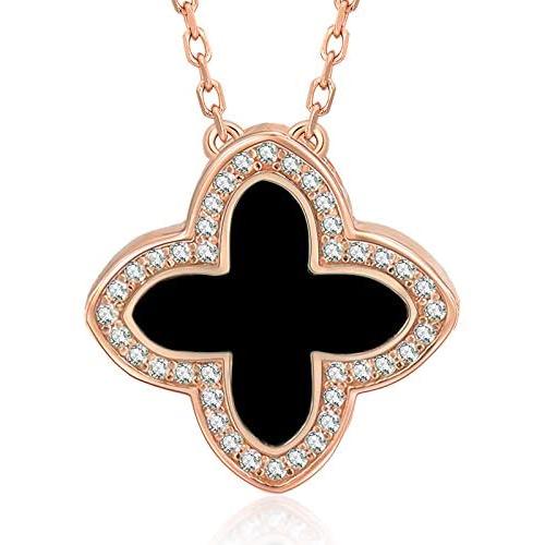 AMIREUX Four Leaf Clover Necklaces for Women - Good Luck - Pendant Necklace - Rose Gold Plated Cubic Zirconia - Black/Red Agate/Green