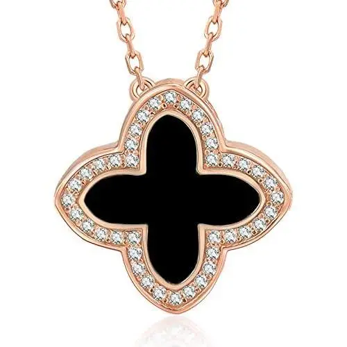 AMIREUX Four Leaf Clover Necklaces for Women - Good Luck - Pendant Necklace - Rose Gold Plated Cubic Zirconia - Black/Red Agate/Green