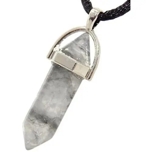 Steampunkers USA Hexagon World - 32mm Metal Dome Banded Clear Quartz Rare Smoky Gray Grey White - 20-22 Inch Adjustable Black Cord – Crystal Gemstone Collectibles Carved Necklace Handmade Charm