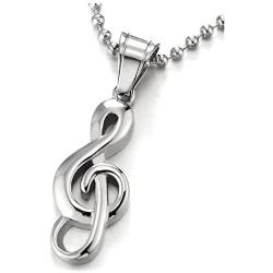 COOLSTEELANDBEYOND Stainless Steel Treble Clef Music Sign Pendant Necklace for Men Women, 23.6 inches Ball Chain