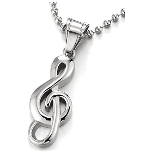 COOLSTEELANDBEYOND Stainless Steel Treble Clef Music Sign Pendant Necklace for Men Women, 23.6 inches Ball Chain