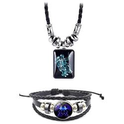 NC 1 Set Necklaces for Women Men, Long Best Friend Necklace Teen Girls Alloy Glass Pendant Leather Braided Rope Constellation Bracelets for Women Mens Jewelry