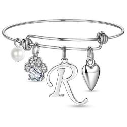 Ursteel Dog Mom Gifts for Women, Cubic Zirconia Paw Print Initial Charm Bracelet for Women Cat Dog Lover Gifts, Mothers Day Valentines Gifts for Dog Mom