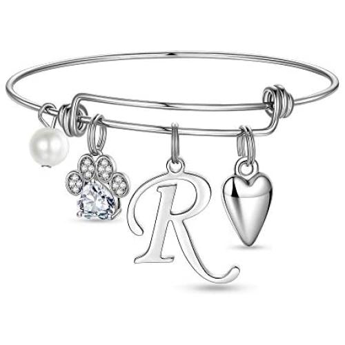 Ursteel Dog Mom Gifts for Women, Cubic Zirconia Paw Print Initial Charm Bracelet for Women Cat Dog Lover Gifts, Mothers Day Valentines Gifts for Dog Mom