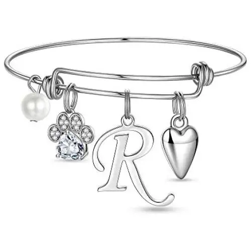 Ursteel Dog Mom Gifts for Women, Cubic Zirconia Paw Print Initial Charm Bracelet for Women Cat Dog Lover Gifts, Mothers Day Valentines Gifts for Dog Mom