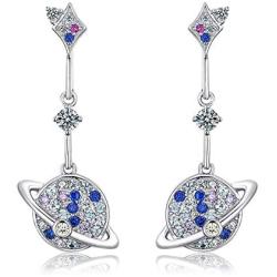 WDM Women Blue Threaded Earrings Sterling Silver Earrings Dangle Long Girls Earrings Hypoallergenic for Sensitive Ears CZ Diamond Dangling Drop Earrings (Double moon earrings-silver)