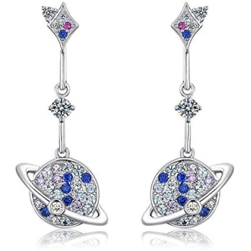 WDM Women Blue Threaded Earrings Sterling Silver Earrings Dangle Long Girls Earrings Hypoallergenic for Sensitive Ears CZ Diamond Dangling Drop Earrings (Double moon earrings-silver)