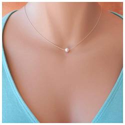 TseanYi Tiny Pearl Pendant Necklace Silver Floating Pearl Chain Necklace Choker Minimal Boho Collarbone Necklace Jewelry for Women and Girls (Silver)