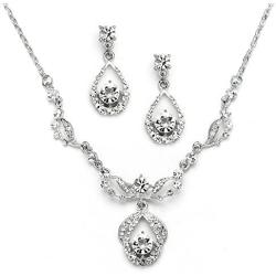 Mariell Silver Vintage Crystal Necklace and Earrings Jewelry Set for Prom, Bridal and Bridesmaids