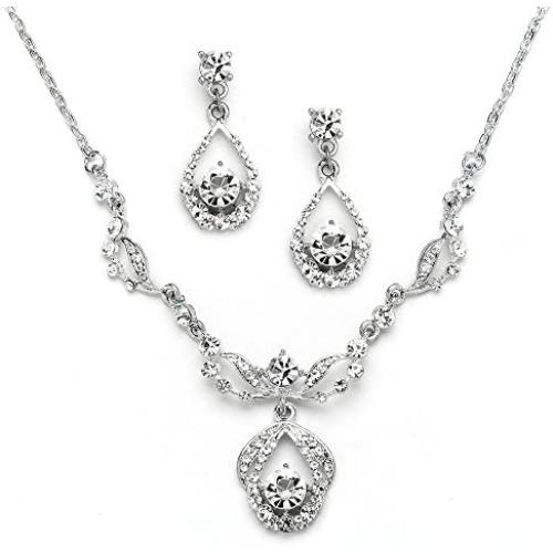 Mariell Silver Vintage Crystal Necklace and Earrings Jewelry Set for Prom, Bridal and Bridesmaids