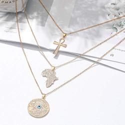Relbcy Boho Crystal Layered Necklace Gold African Map Necklaces Evil Eye Necklace Jewelry Accessories for Women and Girls (Gold3)