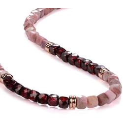 NirvanaIN Rhodonite Beads Necklace, Garnet Beads Necklace, Beaded Rose Gold Plated Sterling Silver Pink Rhodonite Purple Garnet Beads Jewelry Necklace