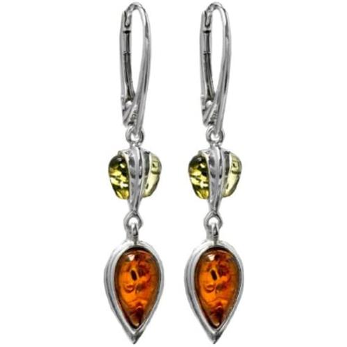 Multicolor Amber Sterling Silver Drop Long Leverback Earrings