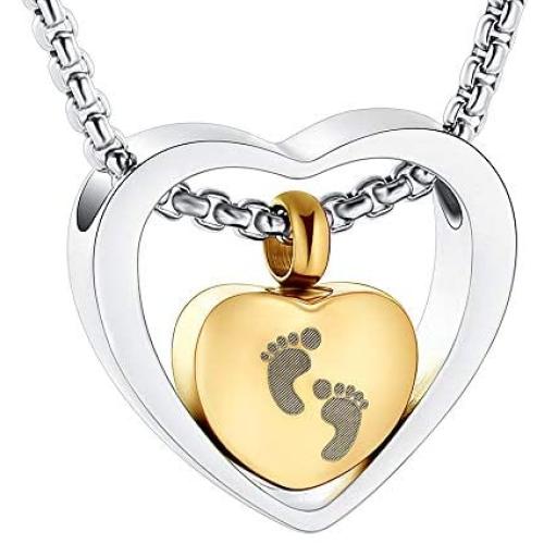 Baby Feet Double Heart Cremation Urn Necklace Keepsake Memorial Ashes Pendant Jewelry