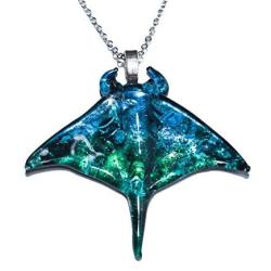 Handmade Ocean Blue Manta Ray Stingray Art Glass Blown Sea Animal Figurine Pendant Necklace Jewelry