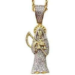 Shop-iGold Iced Santa Muerte Men Women 925 Italy Gold Finish Iced Silver Charm Ice Out Pendant Stainless Steel Real 3 mm Rope Chain, Mans Jewelry, Iced Pendant, Rope Necklace 16''- 24''