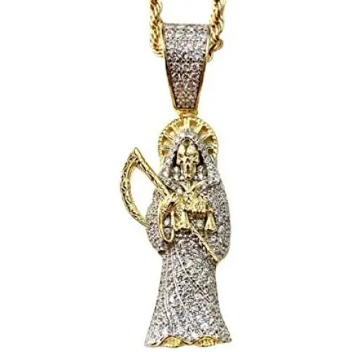Shop-iGold Iced Santa Muerte Men Women 925 Italy Gold Finish Iced Silver Charm Ice Out Pendant Stainless Steel Real 3 mm Rope Chain, Mans Jewelry, Iced Pendant, Rope Necklace 16''- 24''