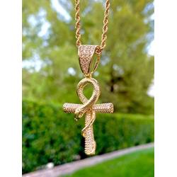 Shop-iGold Men Women 14k Gold Pl Ankh Cross Diamond Ankh Cross Egyptian Ice Out Pendant Charm Pendant, Stainless Steel Real 2.5 mm Rope Chain, Mans Jewelry, Iced Pendant, Ankh Necklace