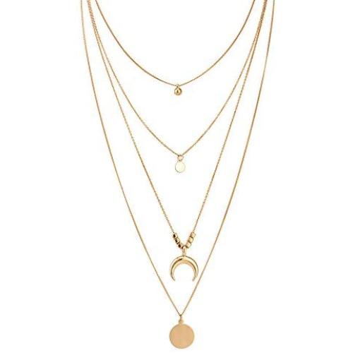 QIMOSHI Gold Layered Necklace Pendant Shell Moon Star Coin Round Simple Dangle Bar Necklace Chain for Women Girls Fashion Jewelry