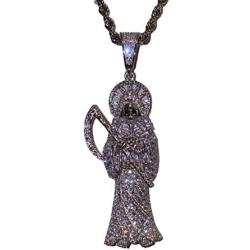 Shop-iGold Men Women 925 Italy Iced Silver Iced Santa Muerte Charm Ice Out Pendant Stainless Steel Real 2 mm Rope Chain Necklace, Mens Jewelry, Iced Pendant, Rope Necklace