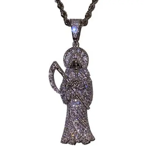 Shop-iGold Men Women 925 Italy Iced Silver Iced Santa Muerte Charm Ice Out Pendant Stainless Steel Real 2 mm Rope Chain Necklace, Mens Jewelry, Iced Pendant, Rope Necklace
