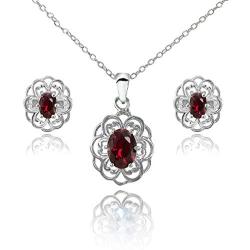 Sterling Silver Genuine Simulated Gemstone Oval Filigree Flower Pendant Necklace Stud Earrings Set