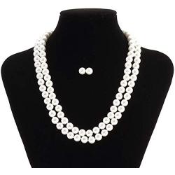 LEILE 8mm 18inch White Double row Faux Pearls Necklace Earring Jewelry Set for Women Girls