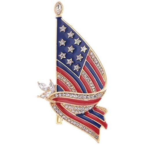 Alilang Golden Tone Clear Crystal Rhinestones Stripes Enamel 4th of July America USA Flag Patriotic Brooch Pin