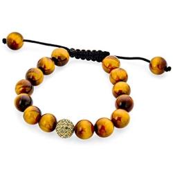 Bling Jewelry Brown Tiger Eye Blue Lapis Pave Crystal Ball Beads Shamballa Inspired Bracelet for Men Women Cord String Adjustable