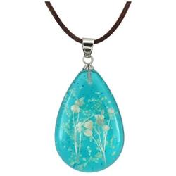 FM FM42 Natural White Pressed Dried Flower Glow in The Dark Blue Teardrop Pendant Necklace GN1225