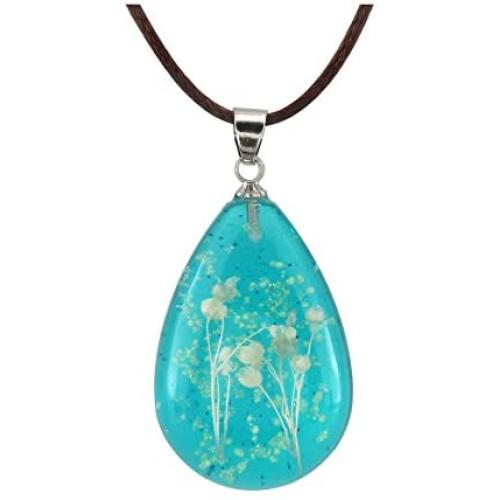 FM FM42 Natural White Pressed Dried Flower Glow in The Dark Blue Teardrop Pendant Necklace GN1225