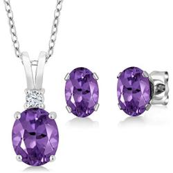 Gem Stone King Purple Amethyst 925 Sterling Silver Pendant Earrings Set, 2.65 Ctw Oval Gemstone Birthstone