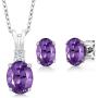 Gem Stone King Purple Amethyst 925 Sterling Silver Pendant Earrings Set, 2.65 Ctw Oval Gemstone Birthstone