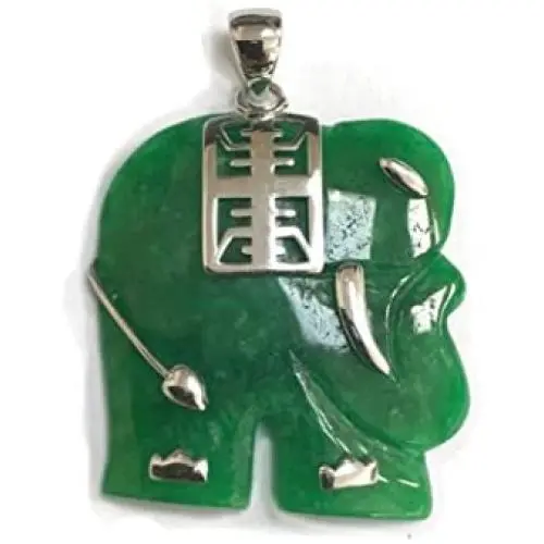 Silver Empire Jewelry Sterling Silver Necklace Green Natural Jade ELEAPHNT Charm with Longevity MEANING-18 inches Cable Chain