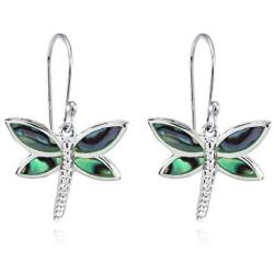 Sterling Silver Abalone or Simulated Turquoise Polished Dragonfly Dangle Earrings